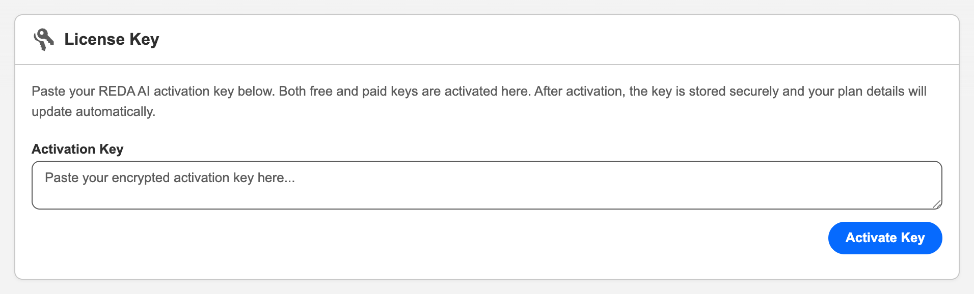 The License Key card on the REDA AI Administration tab in Salesforce. Explanatory text reads that both free and paid keys are activated here and the key is stored securely once activated. Below it an Activation Key textarea shows the placeholder 'Paste your encrypted activation key here...' and a blue Activate Key button sits at the lower right.