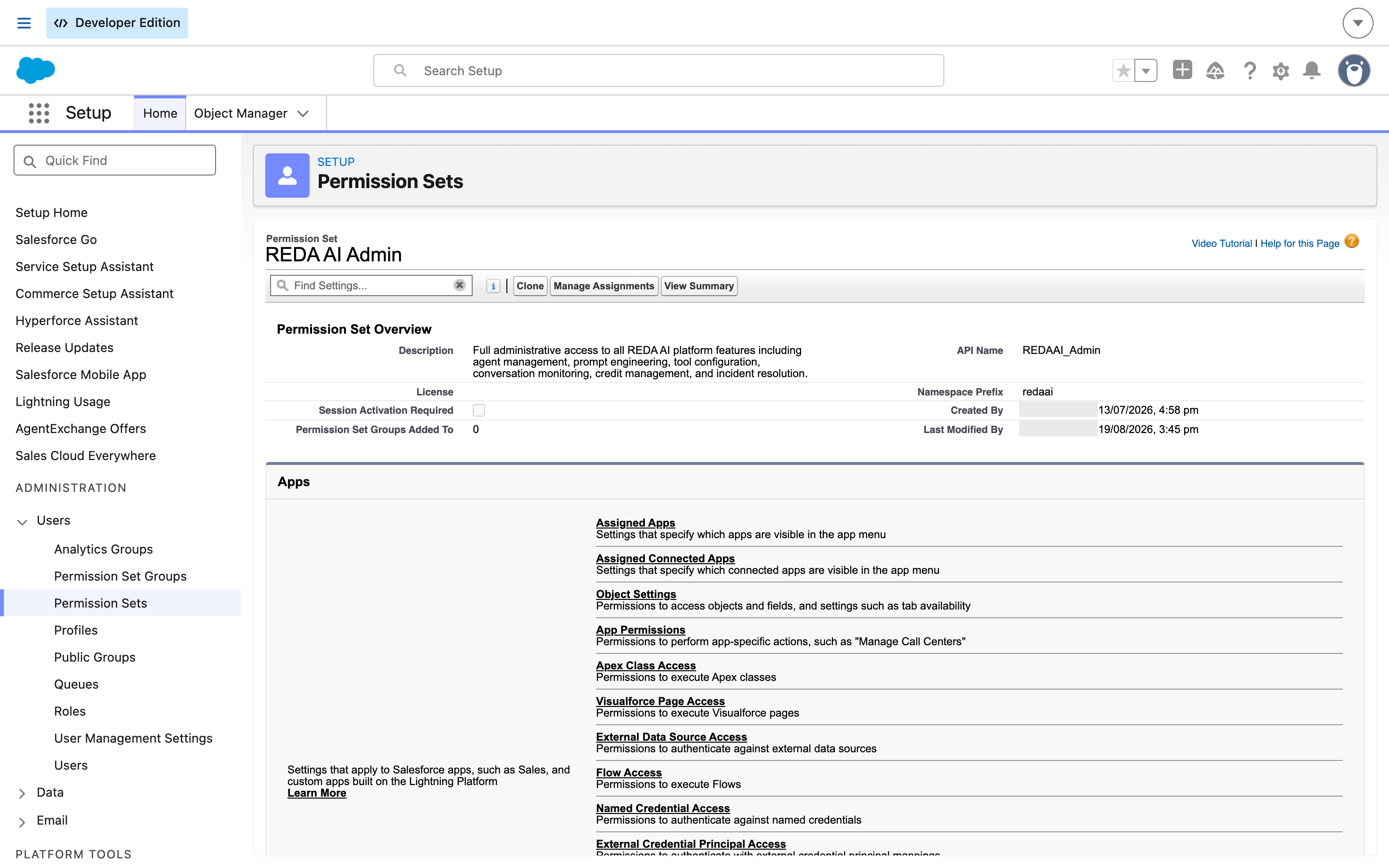 The REDA AI Admin permission set in Salesforce Setup. The overview shows the packaged description - full administrative access to all REDA AI platform features including agent management, prompt engineering, tool configuration, conversation monitoring, credit management and incident resolution - with API Name REDAAI_Admin and Namespace Prefix redaai. A Manage Assignments button sits in the button row, and the Apps section below lists Assigned Apps, Object Settings, Apex Class Access and the other permission categories.