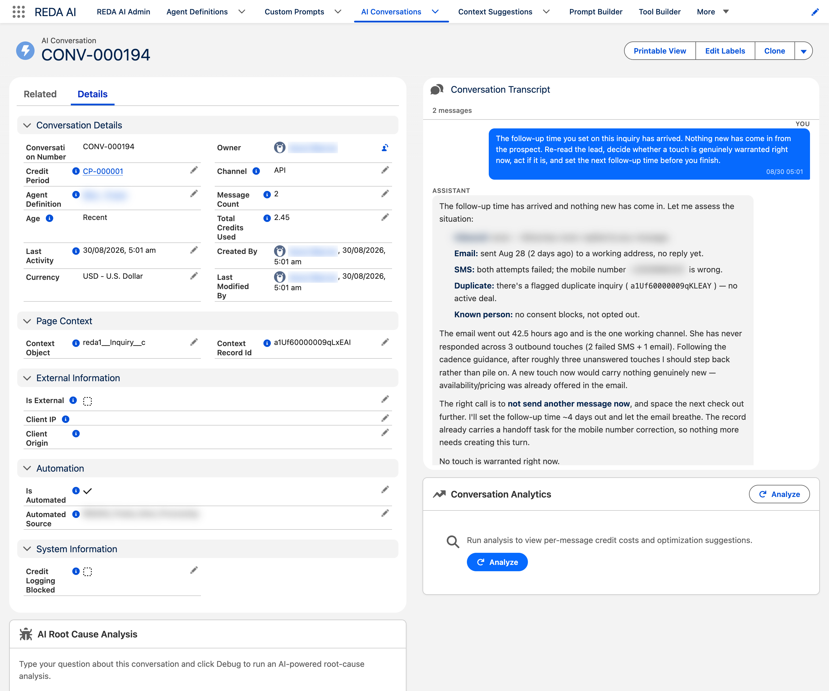 An individual AI Conversation record, CONV-000194. Conversation Details shows the credit period, agent definition, channel API, message count 2 and total credits used 2.45, with owner and audit names redacted. Page Context shows the context object reda1__Inquiry__c and its record id. On the right a Conversation Transcript panel lists the two messages in order: an operator prompt asking the agent to assess whether a follow-up is warranted, and the assistant's reply working through email, SMS and duplicate checks before concluding no touch is warranted. A Conversation Analytics card below offers an Analyze button.