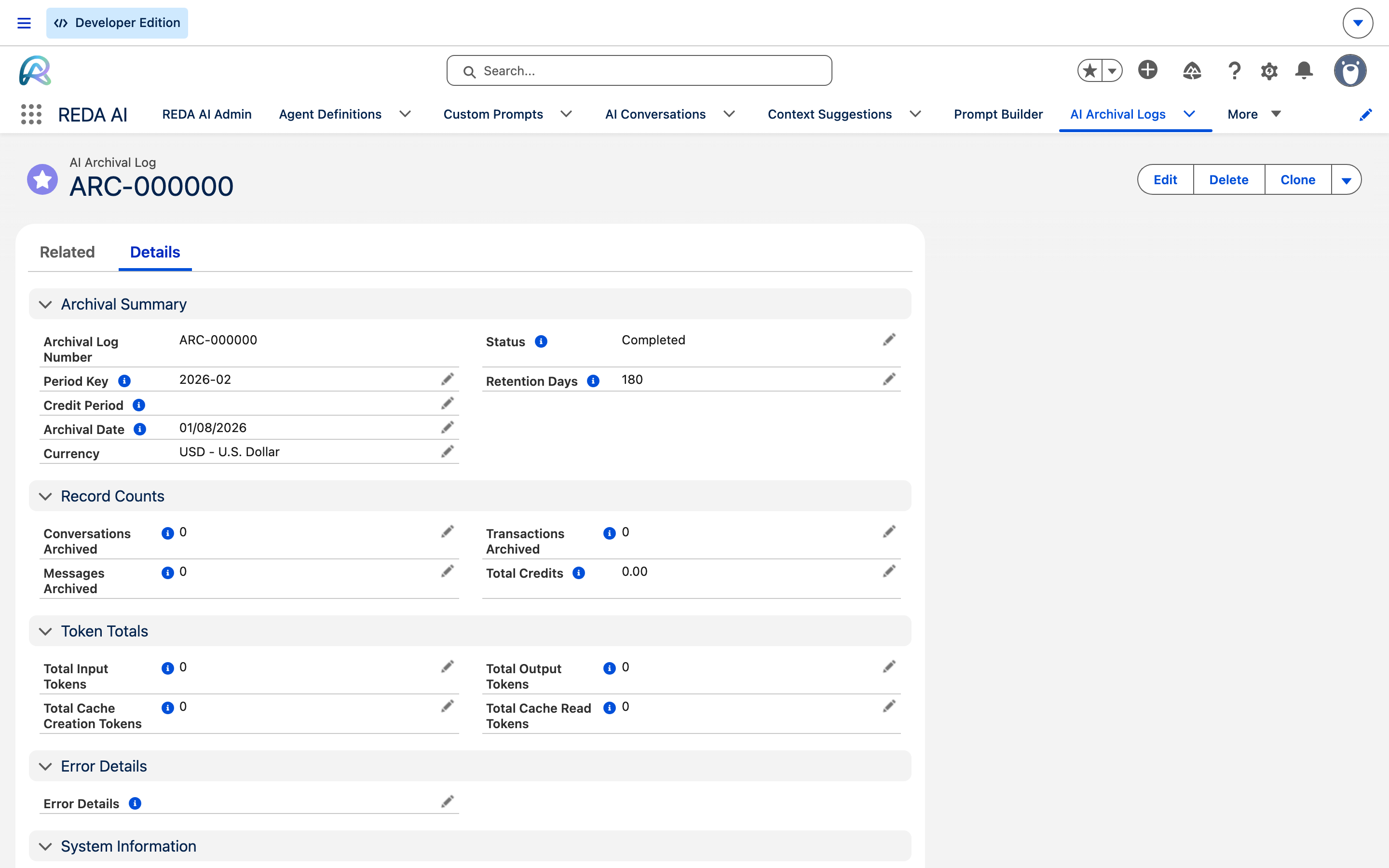 An AI Archival Log record, ARC-000000. Archival Summary shows Period Key 2026-02, an empty Credit Period, Archival Date 01/08/2026, Status Completed and Retention Days 180. Record Counts shows Conversations Archived 0, Messages Archived 0, Transactions Archived 0 and Total Credits 0.00. Token Totals shows the four token sums, all 0. Error Details is empty.