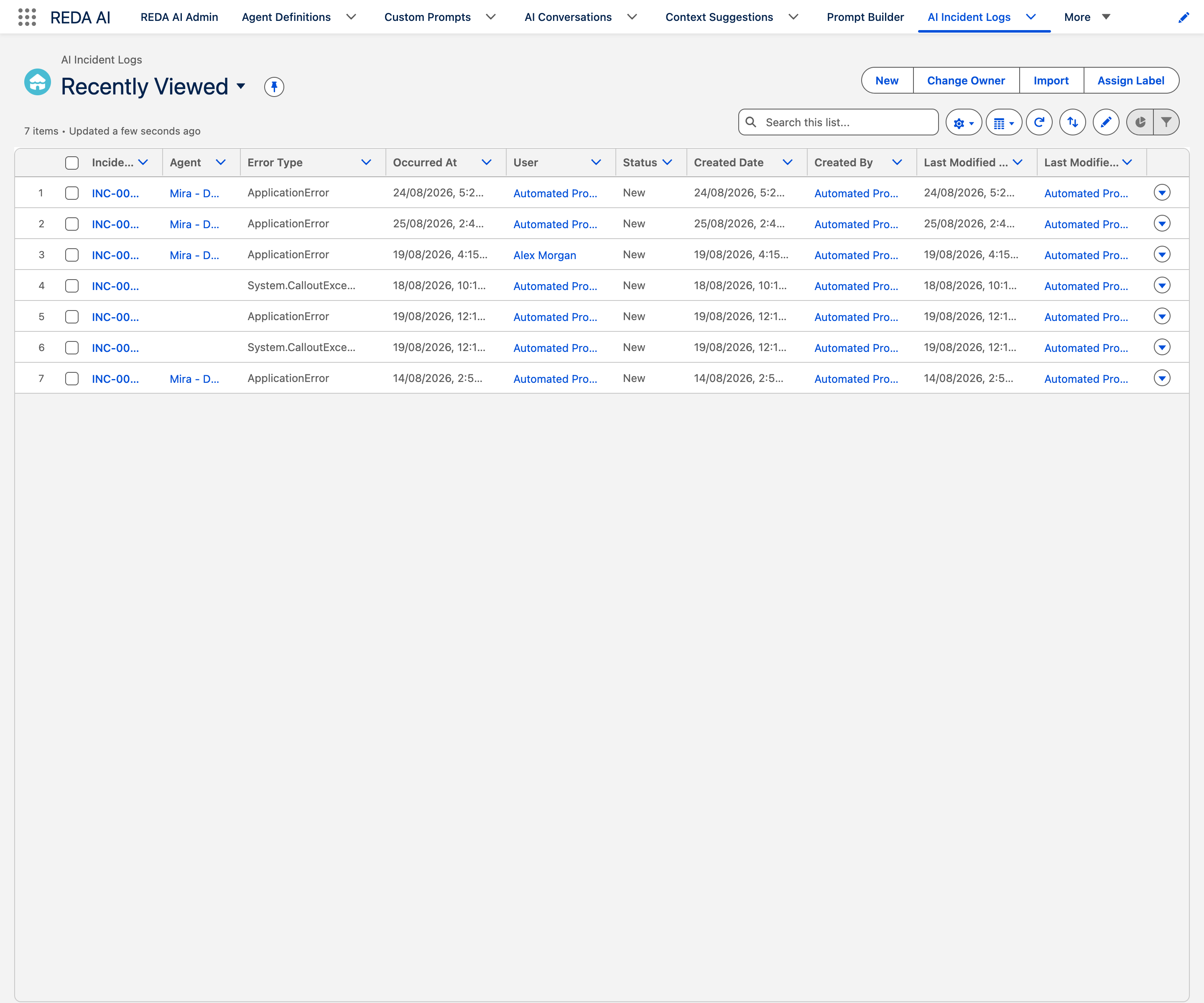 The AI Incident Logs list view in Salesforce showing seven incident records. Columns are Incident Number, Agent, Error Type, Occurred At, User, Status, Created Date, Created By and Last Modified. Error types are ApplicationError and System.CalloutException, every row has status New, and most were raised by Automated Process.