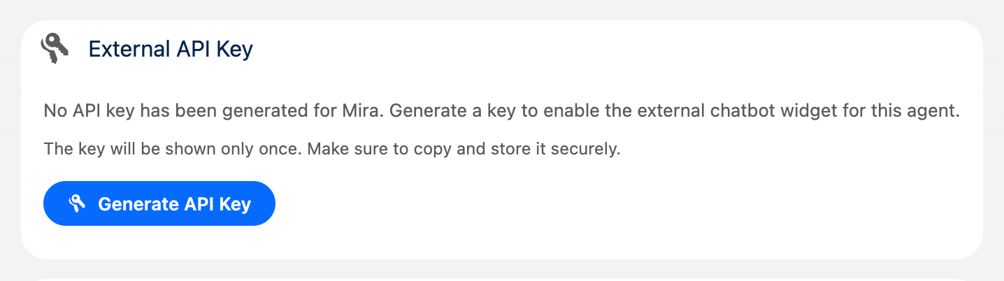 Carte Clé API externe sur une définition d’agent. Elle indique qu’aucune clé n’a encore été générée, que la génération permet d’utiliser le widget externe et que la clé ne sera affichée qu’une fois. Le bouton Générer une clé API figure sous ce message.