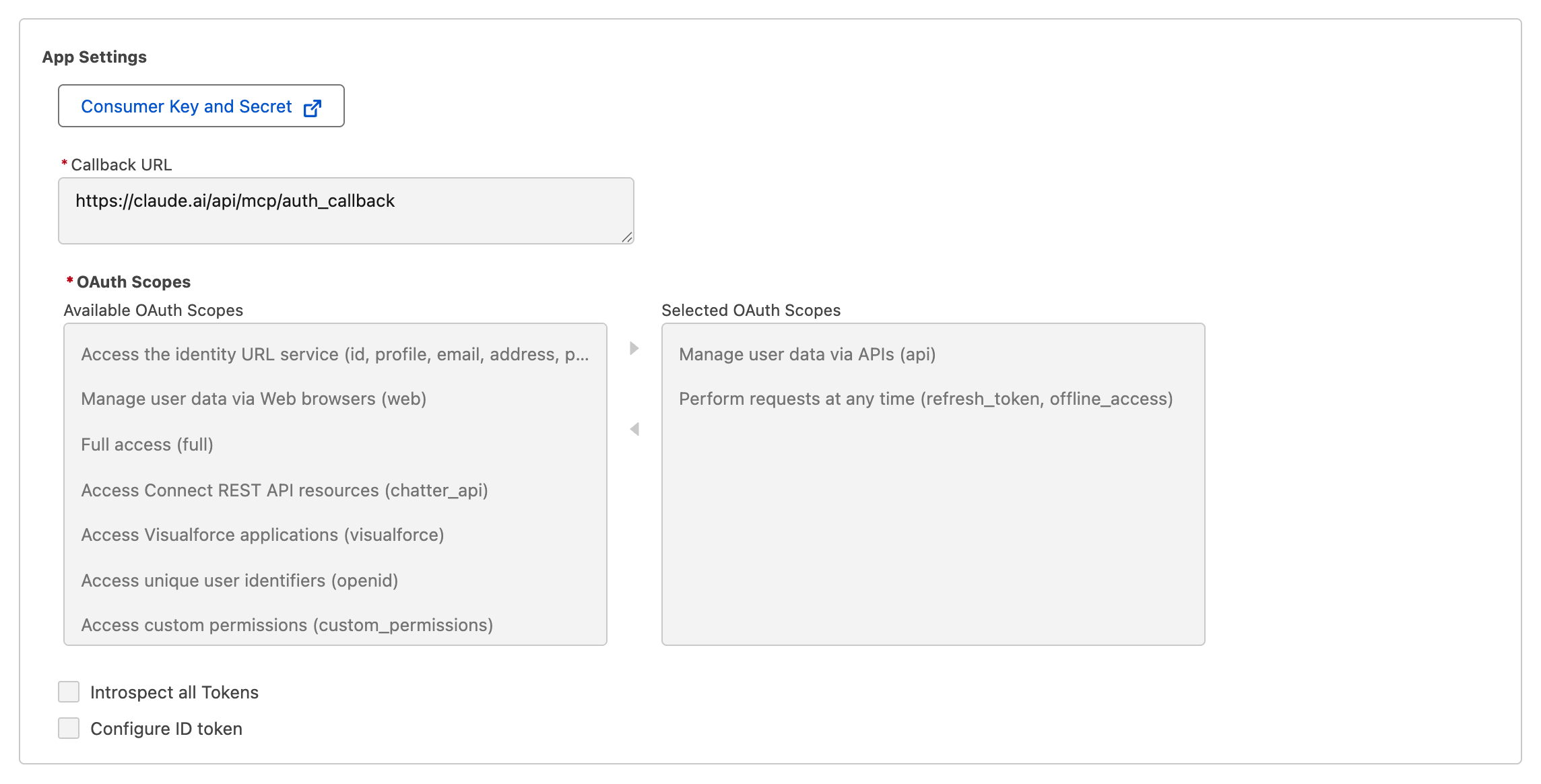 Saved Claude callback URL and the api and refresh_token scopes selected in OAuth App Settings