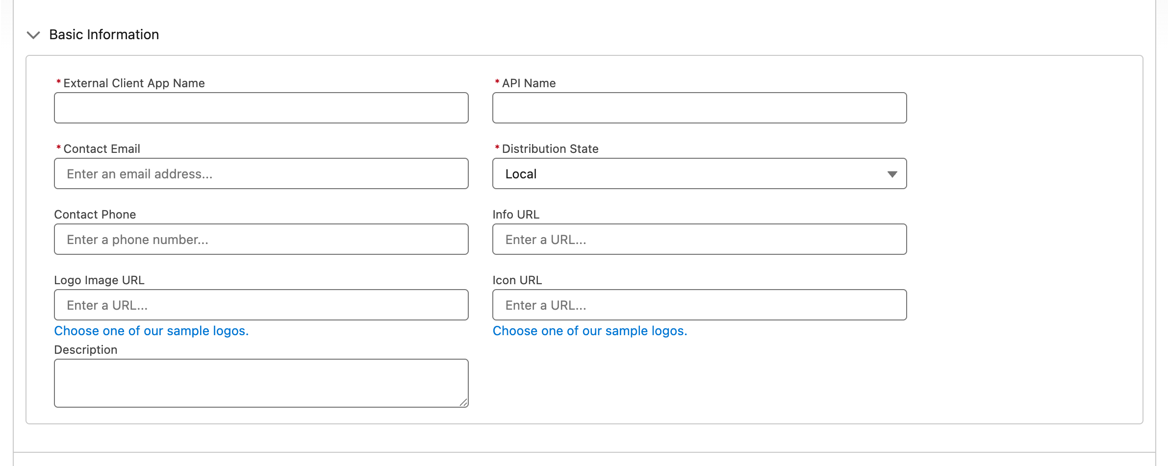 New External Client App form with required name, API name, contact email and Local distribution fields