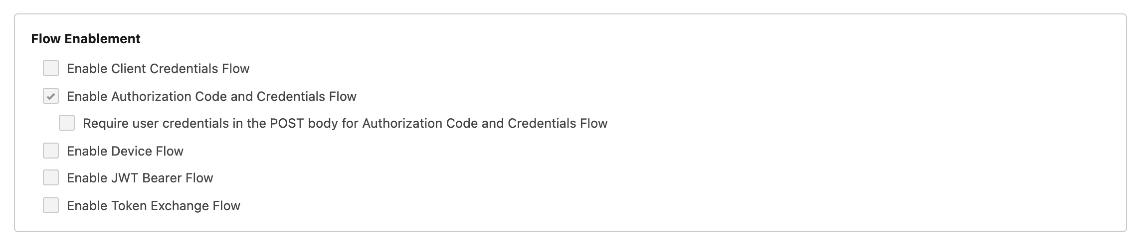 Flow Enablement with authorization-code flow selected and the other flows unselected