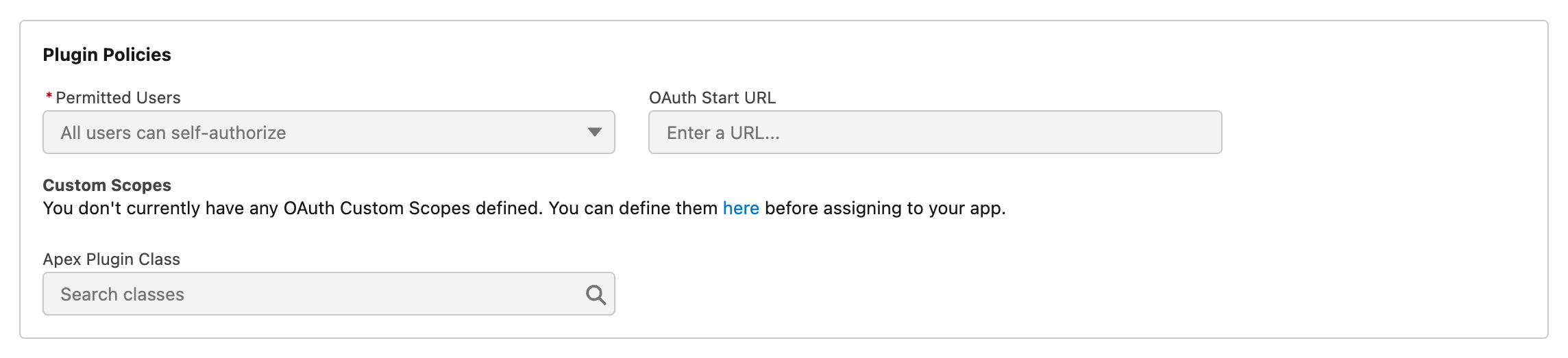 OAuth Plugin Policies showing the demo app’s All users can self-authorize policy