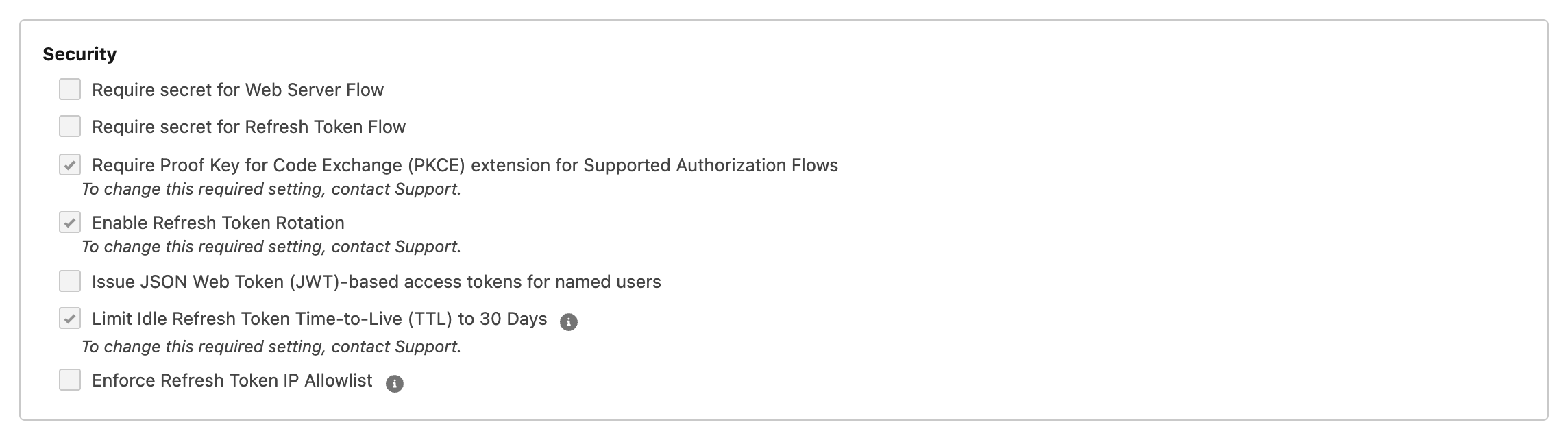 Security settings showing PKCE and refresh-token rotation selected and client-secret requirements unselected