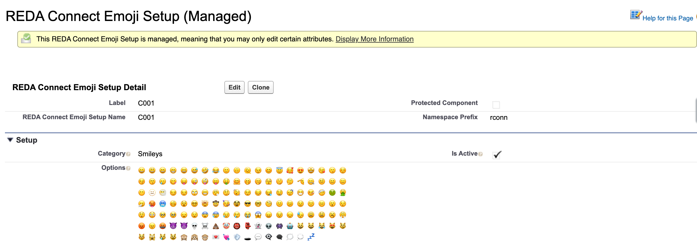 A REDA Connect Emoji Setup record open in Setup: label C001, Category Smileys, Is Active ticked, and the Options field holding the category's emoji separated by spaces