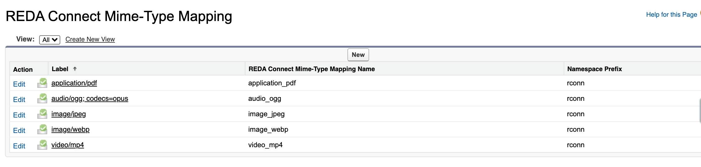The REDA Connect Mime-Type Mapping record list in Setup showing all five shipped records: application/pdf, audio/ogg; codecs=opus, image/jpeg, image/webp and video/mp4