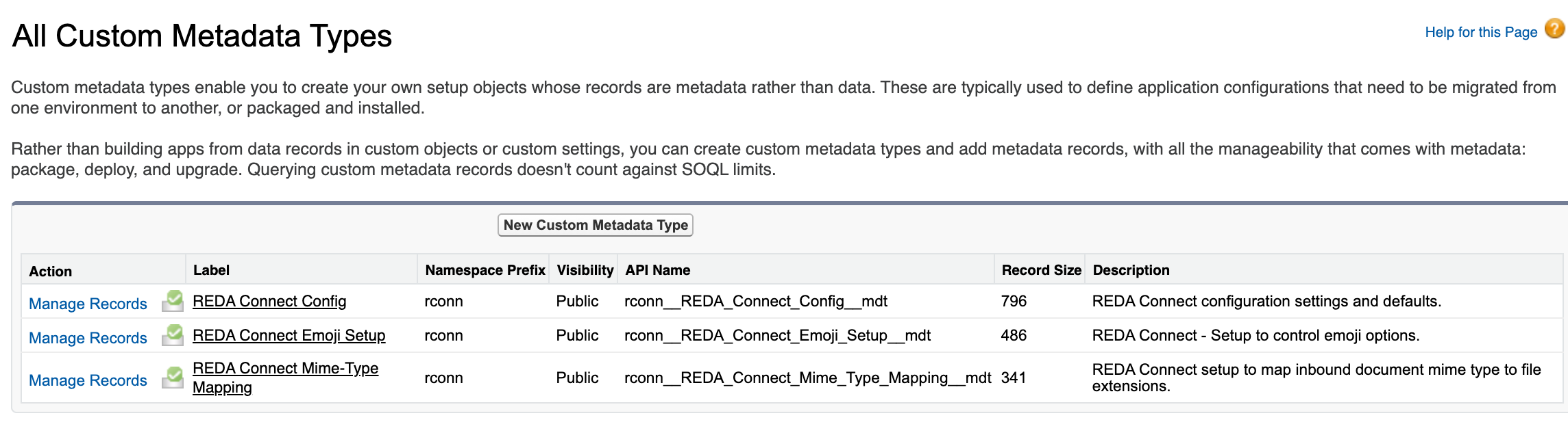 A página Todos os tipos de metadados personalizados em Configuração mostra REDA Connect Config, REDA Connect Emoji Setup e REDA Connect Mime-Type Mapping; cada linha inclui um link Gerenciar registros, o prefixo de namespace rconn e uma descrição.