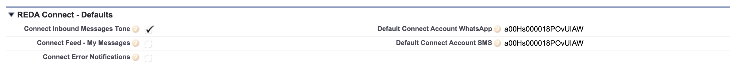 Una sección REDA Connect - Defaults en la página de detalles de usuario muestra Connect Inbound Messages Tone marcado, Connect Feed - My Messages y Connect Error Notifications desmarcados, y ambos campos Default Connect Account WhatsApp y Default Connect Account SMS con el ID de una Cuenta Connect.