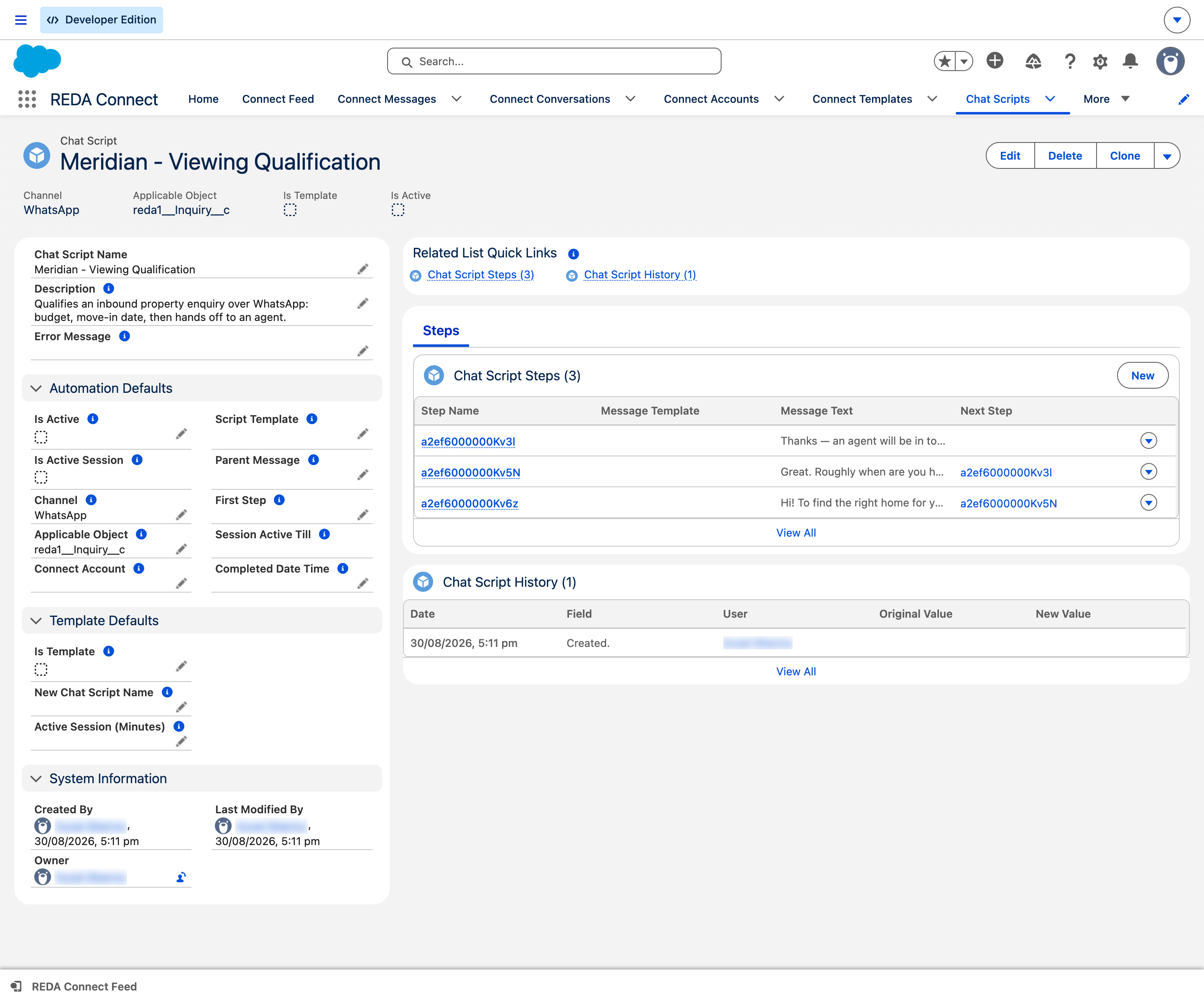 A saved REDA Connect chat script record named Meridian - Viewing Qualification, showing Channel WhatsApp, Applicable Object reda1__Inquiry__c, Is Active unchecked, the description and automation-default fields filled in, and a related list of its three ordered Chat Script Steps with their message text and next-step links.