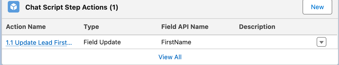 The Chat Script Step Actions related list on a step showing a Field Update action targeting the FirstName field