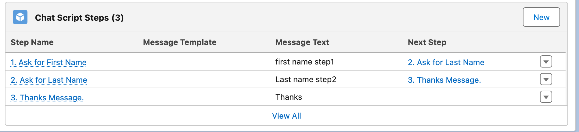 The Chat Script Steps related list showing three chained steps, each with Message Text and a Next Step pointing at the following step