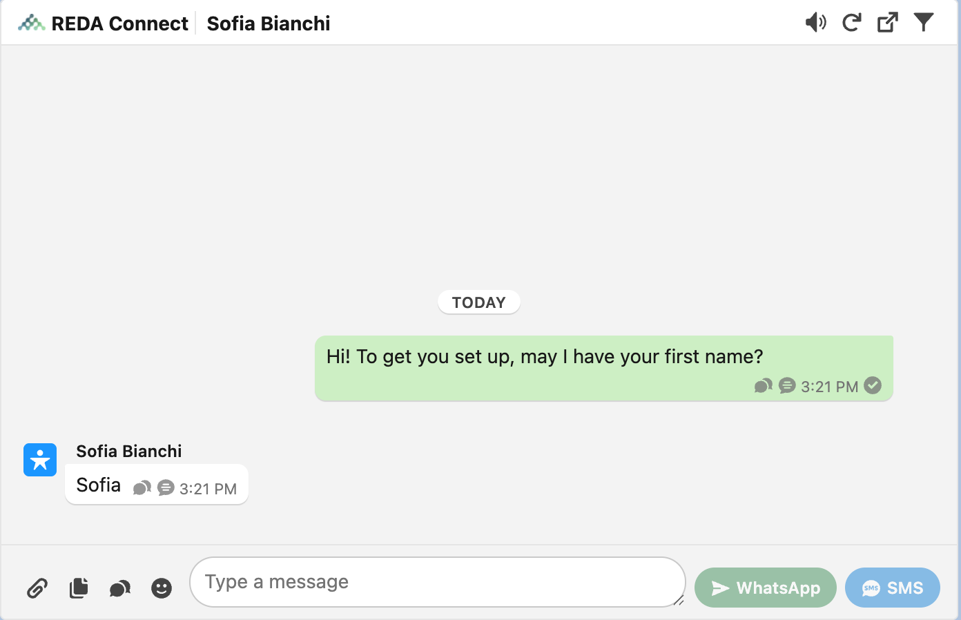 The Connect Feed on a Lead named Sofia Bianchi showing an outbound scripted question asking for her first name and her inbound reply Sofia