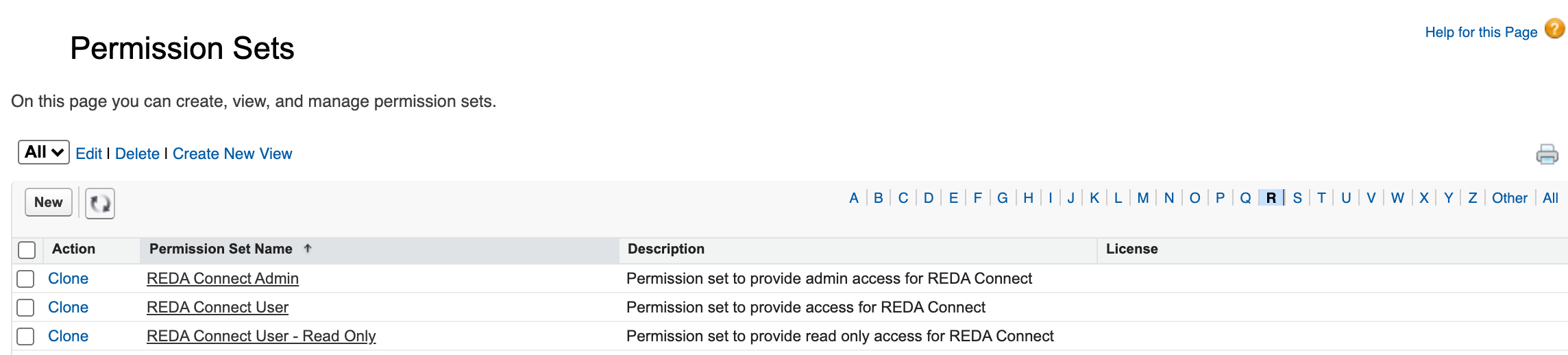 Página Conjuntos de permisos de Configuración filtrada por la letra R, con REDA Connect Admin, REDA Connect User y REDA Connect User - Read Only y una descripción del acceso que concede cada uno