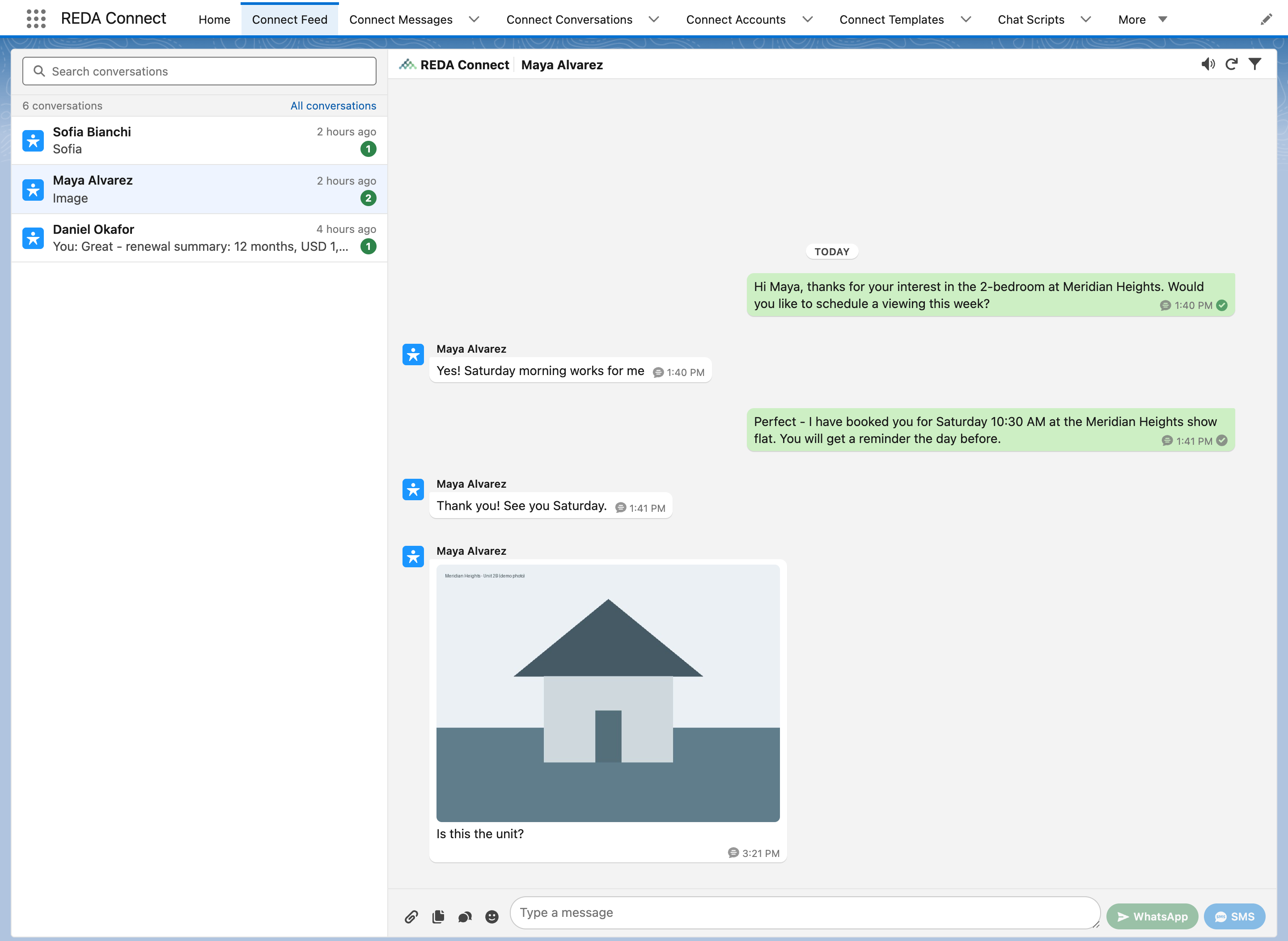 Aplicación REDA Connect con su barra de navegación —Inicio, Feed Connect, Mensajes Connect, Conversaciones Connect, Cuentas Connect, Plantillas Connect, Scripts de chat y Más— y la pestaña Feed Connect abierta en una conversación de demostración