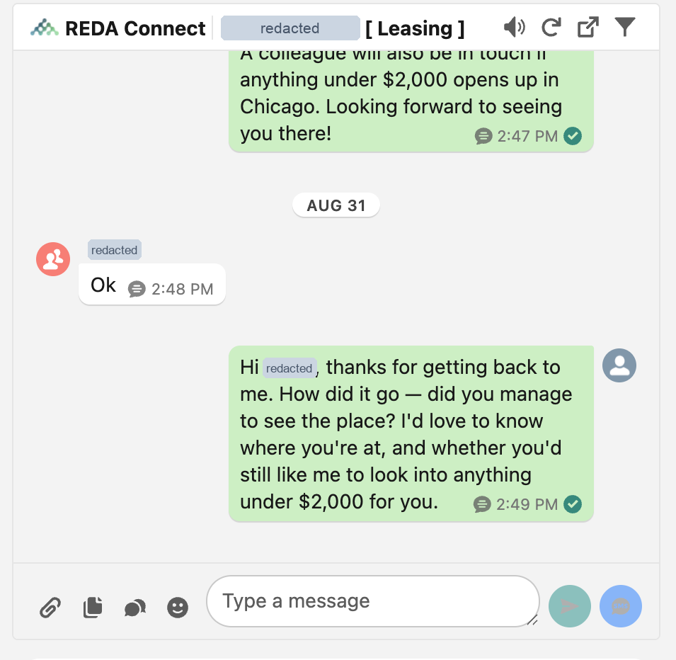 The REDA Connect Feed running on a record page. Its header reads REDA Connect followed by the record name, with mute, refresh, pop-out and filter icons. The stream shows outbound messages as green bubbles on the right, each with a timestamp and a delivery tick, and an inbound reply as a white bubble on the left labelled with the sender name, separated by an AUG 31 date divider. Along the bottom the composer offers attachment, file, template and emoji buttons, a "Type a message" box, and two send buttons — one per channel.