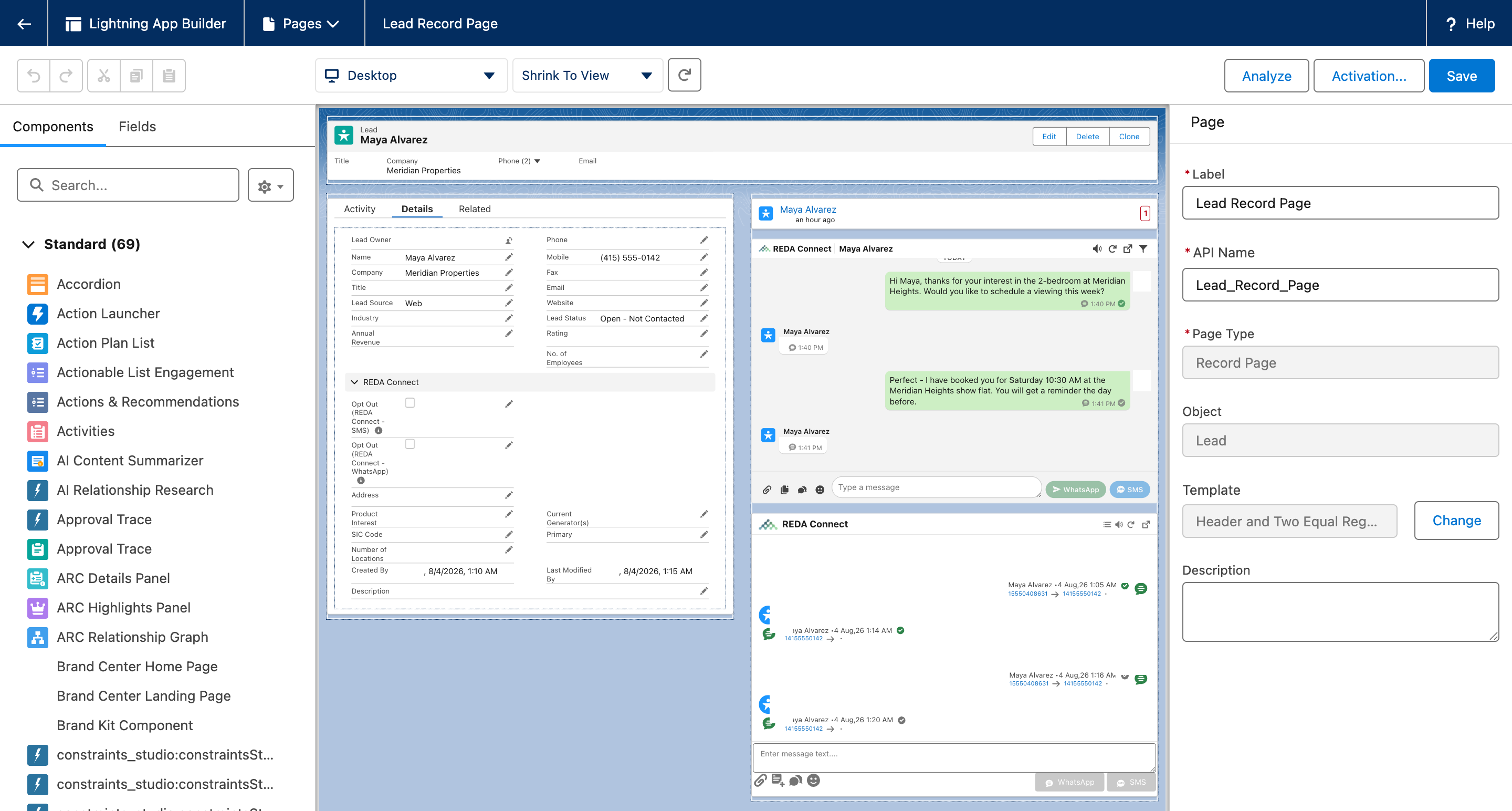 Lightning App Builder editing the Lead record page: standard components listed on the left, the canvas showing the record with two REDA Connect feed components placed, and page properties on the right
