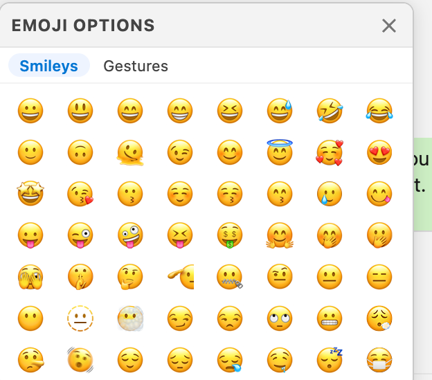 The Emoji Options popover open above the composer, showing the Smileys and Gestures category tabs and a grid of selectable emoji