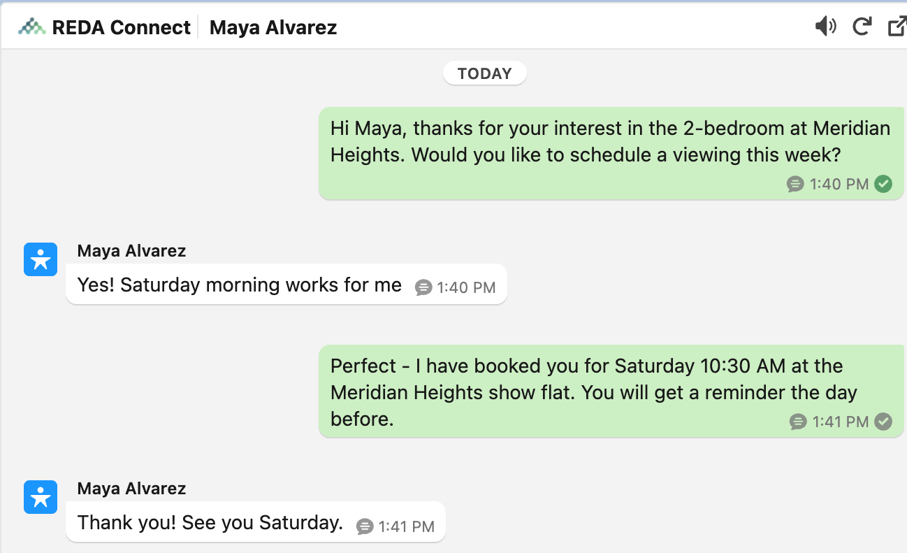 The Connect Feed on a Lead record page showing a WhatsApp conversation under a Today separator: outbound messages on the right with status icons next to their timestamps, inbound replies on the left with the sender's name