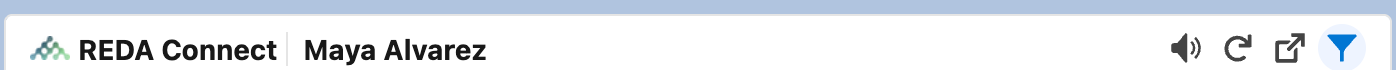 The feed header on a record page showing the REDA Connect title, the open record's name, and the tone, Refresh, pop-out and funnel icons with the funnel highlighted