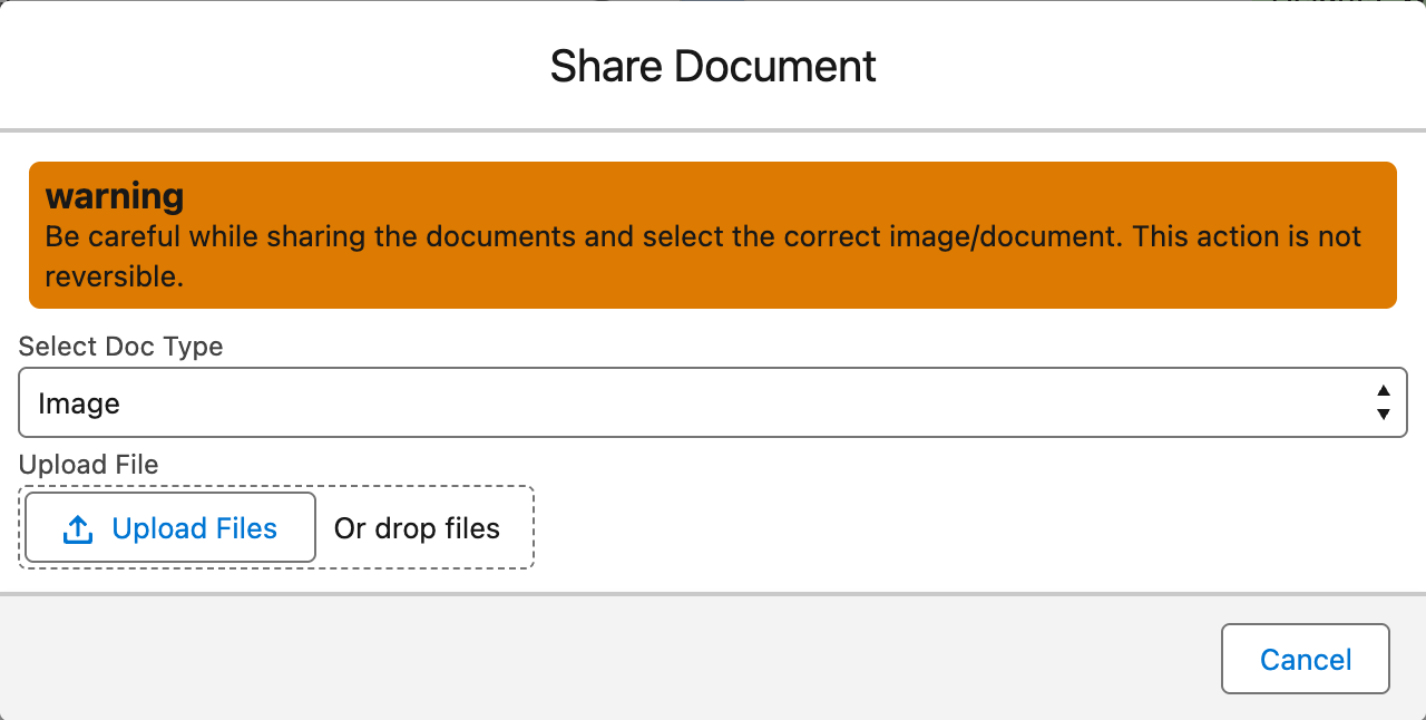 The Share Document dialog with an orange warning that the action is not reversible, a Select Doc Type dropdown set to Image, an Upload Files control and a Cancel button