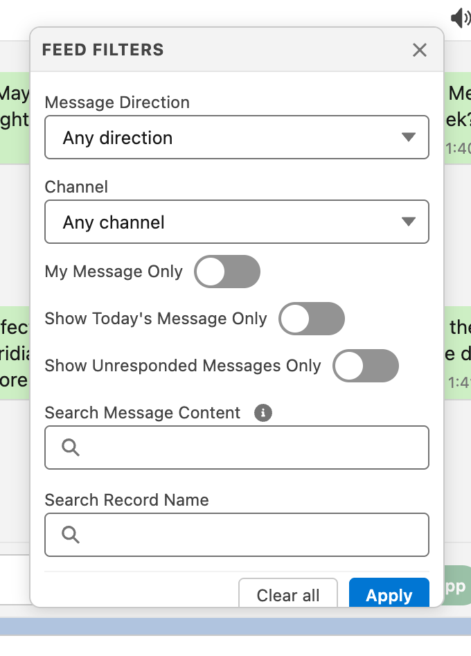 The Feed Filters panel open over the feed, showing Message Direction and Channel dropdowns, three toggles, the two search boxes, and the Clear all and Apply buttons
