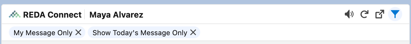 The feed header with two applied filter chips — My Message Only and Show Today's Message Only — each with an X remove button, and the funnel icon highlighted blue