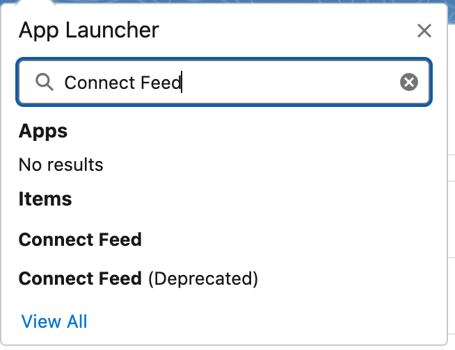 Iniciador de aplicación con búsqueda de Feed Connect y dos resultados: Feed Connect y Feed Connect (Obsoleto)
