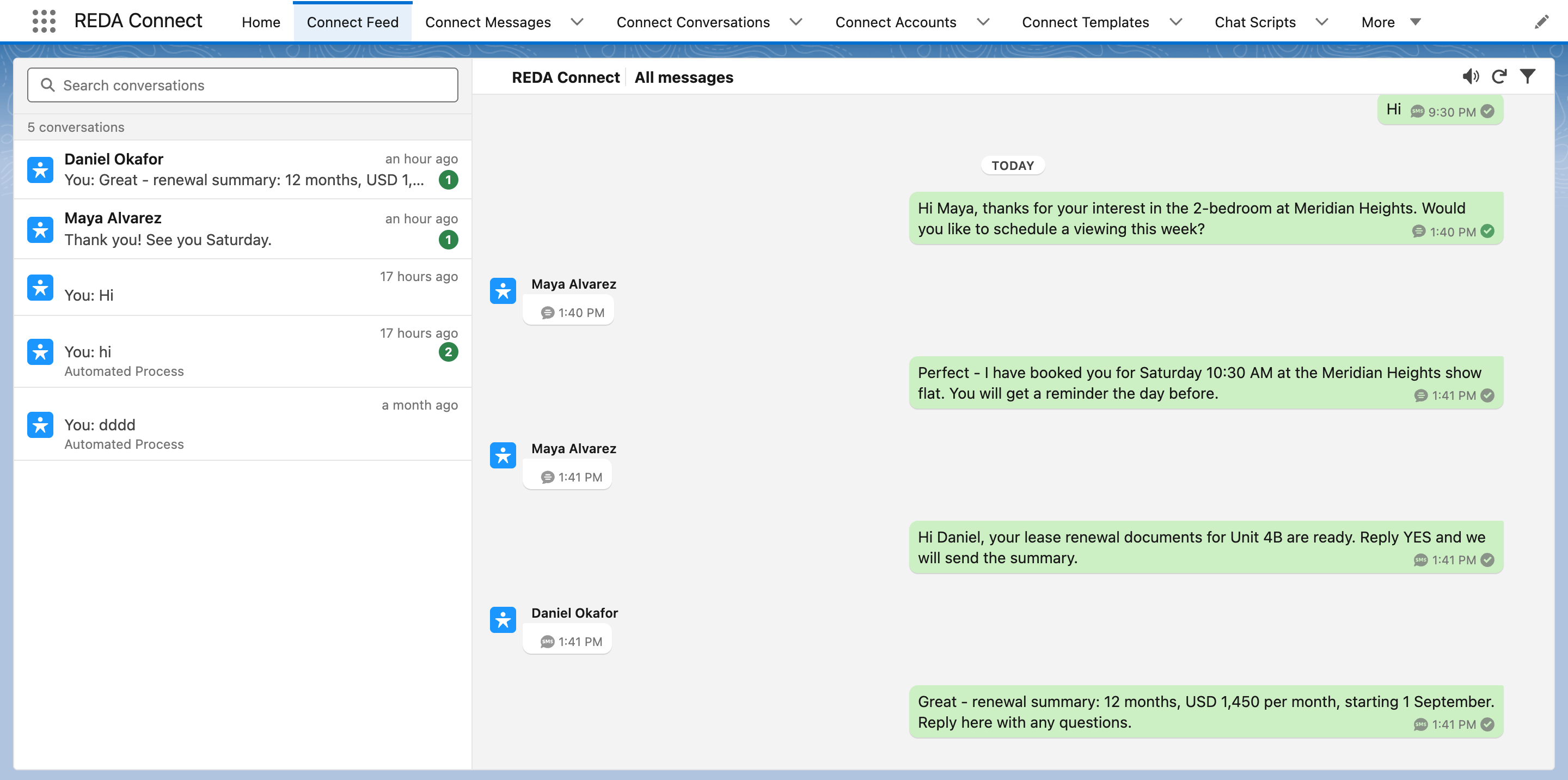 Pestaña Feed Connect como bandeja global de página completa: cinco conversaciones a la izquierda y flujo de todos los mensajes a la derecha con un intercambio de WhatsApp