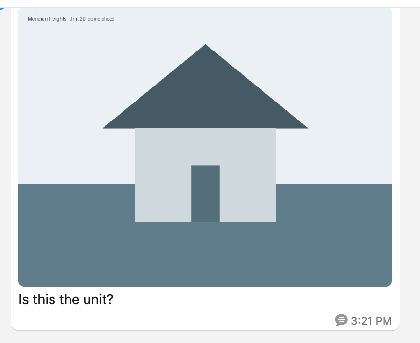 An inbound Image-type message in the Connect Feed, the received photo shown inline in the bubble with the caption Is this the unit? and its received timestamp