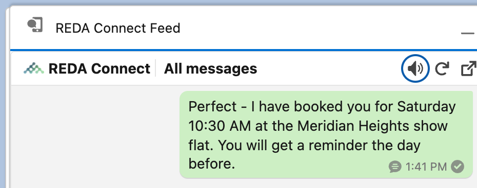 The REDA Connect Feed utility panel open above the utility bar, showing the feed header titled All messages and an outbound WhatsApp message with its delivery status