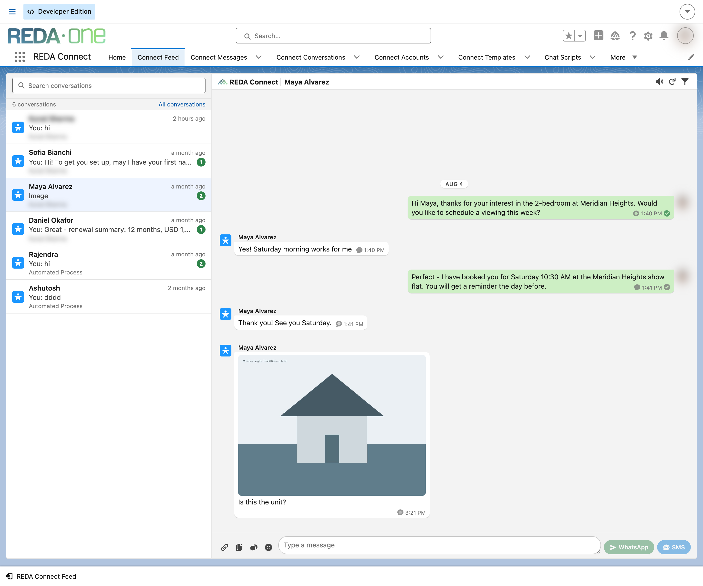 The REDA Connect Feed tab with the conversation list on the left and one conversation open on the right, showing an AUG 4 date separator, outbound messages grouped on the right in green with delivery status ticks, the customer's inbound replies grouped on the left, and a received image with its caption and timestamp.