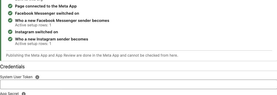 Messenger and Instagram share one setup action for the same app and Page. The example callback must be replaced with your actual public Site address.