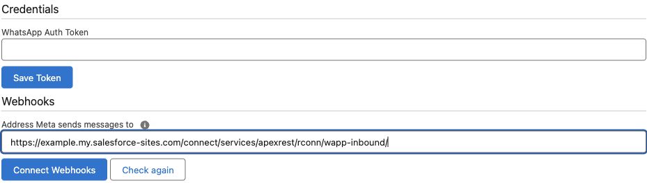 Utilice Guardar token para las credenciales, Conectar webhooks para el enrutamiento entrante y Volver a comprobar para el estado. La dirección mostrada es un ejemplo sin guardar.