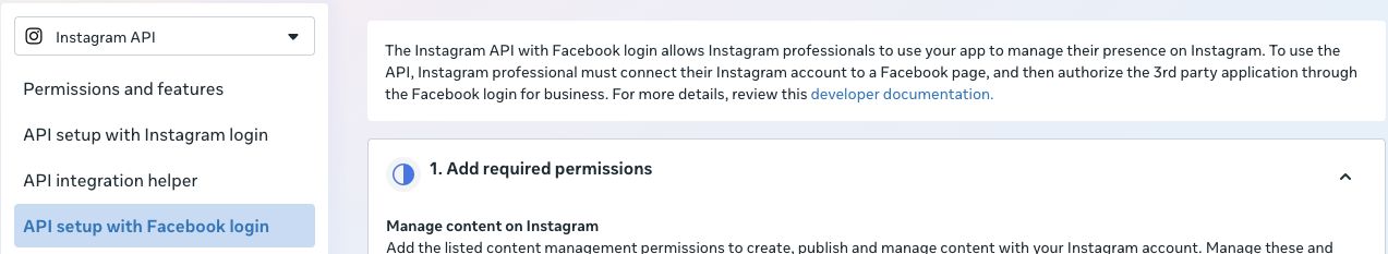 Select API setup with Facebook login. Meta describes the required link between the professional account and a Facebook Page.