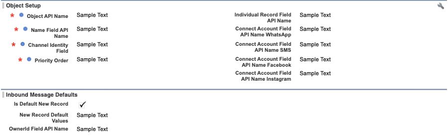 Recommended Connect Account Config layout. The same Object Setup and Inbound Message Defaults sections configure Lead, Contact or a custom object.