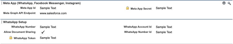 Recommended administrator layout: shared Meta App fields above the WhatsApp section. Salesforce's layout editor shows sample values, not account credentials.