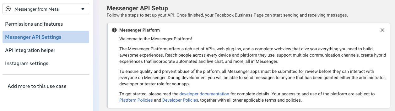 Messenger API Settings configura a Página do Facebook. Suas orientações sobre funções de desenvolvimento aplicam-se especificamente ao Messenger.