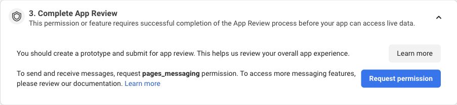 A configuração Messenger da Meta inclui App Review e a permissão pages_messaging antes do acesso geral de clientes.