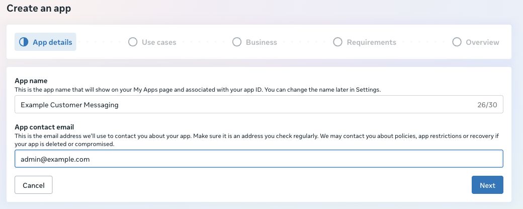 App details solicita el nombre y el correo de contacto. Los valores de esta imagen son ejemplos en un formulario de creación sin guardar.