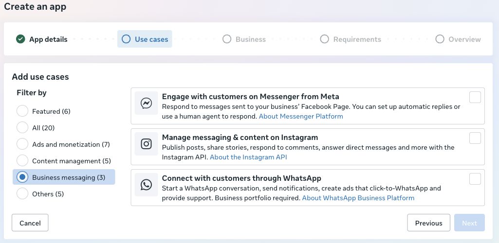 O filtro Business messaging da Meta mostra os três casos de uso de mensagens. Selecione os canais que o aplicativo atenderá.