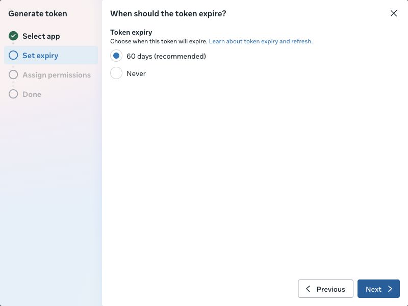 The System User token wizard separates app selection, expiry and permissions. Never means no scheduled expiry; access can still be revoked.