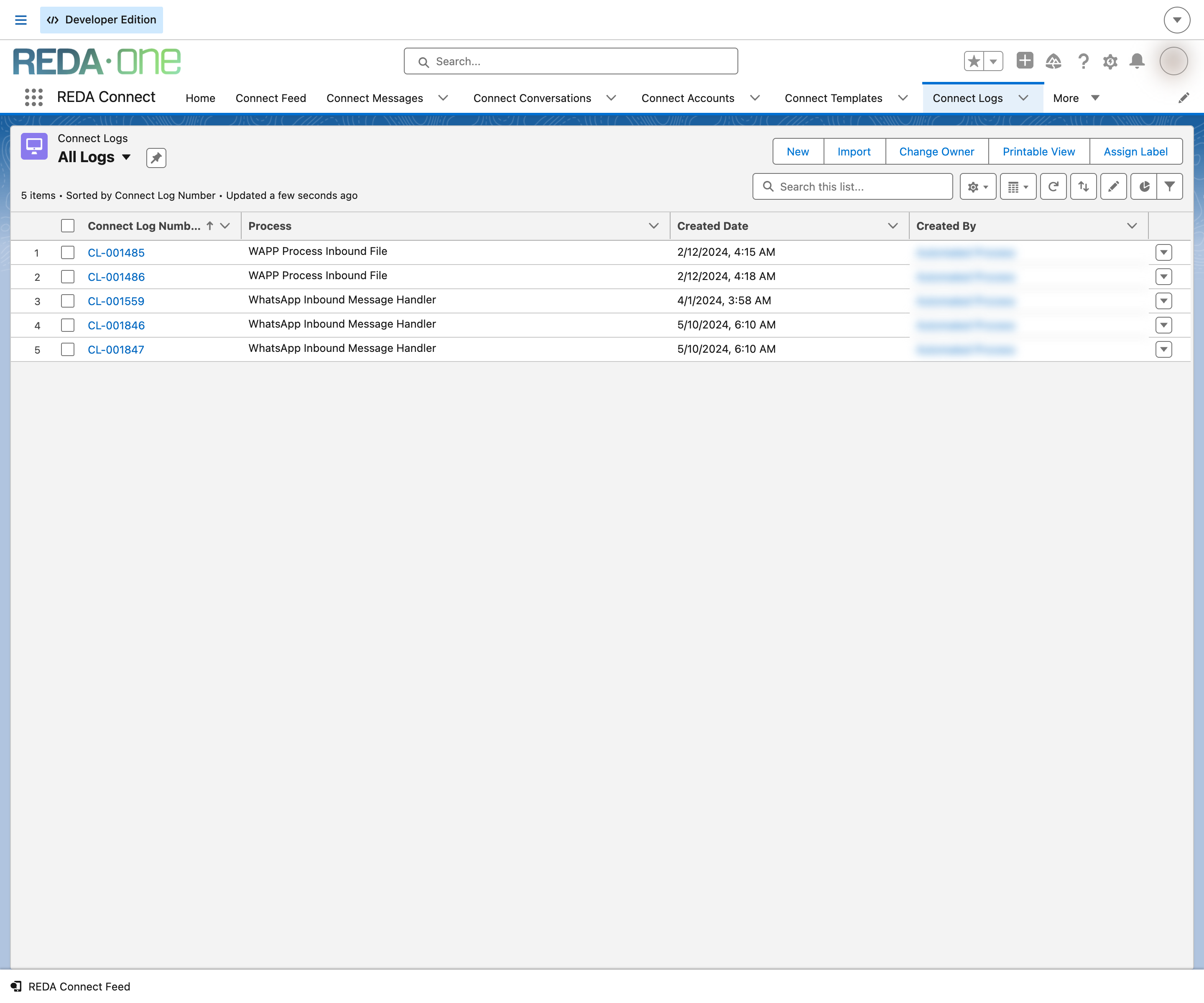 The Connect Logs tab with the All Logs list view selected, listing five log records by auto-numbered Connect Log Number such as CL-001485, each row showing the Process that wrote it - WAPP Process Inbound File or WhatsApp Inbound Message Handler - and its created date.