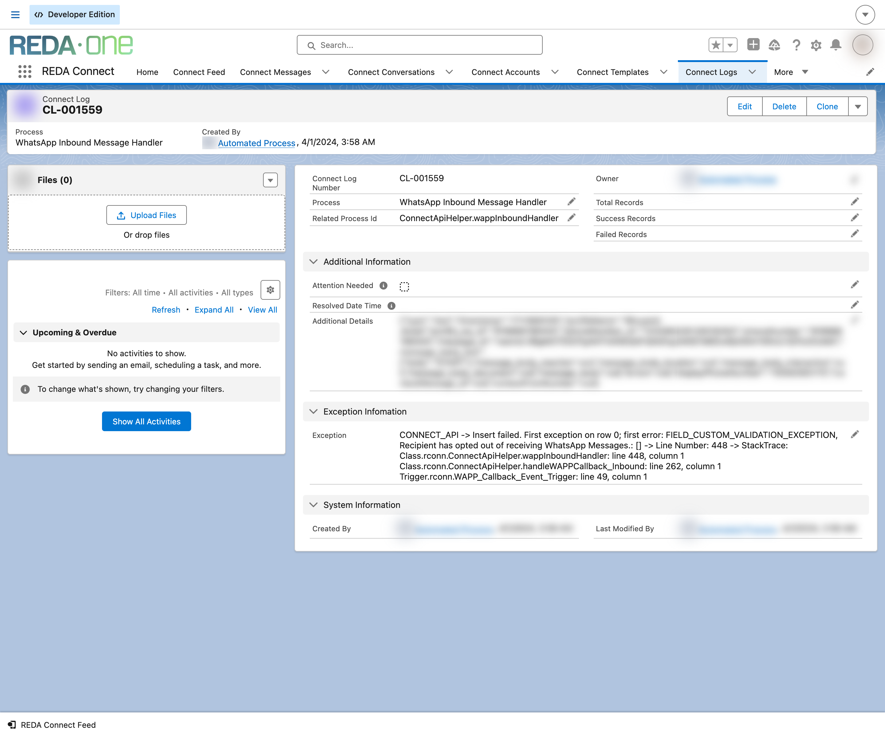 A Connect Log record CL-001559 written by the WhatsApp Inbound Message Handler, showing the Process and Related Process Id, the Total, Success and Failed Records counters, and the Exception text reporting a custom validation failure because the recipient has opted out of receiving WhatsApp messages, with the raw payload field blurred for publication.