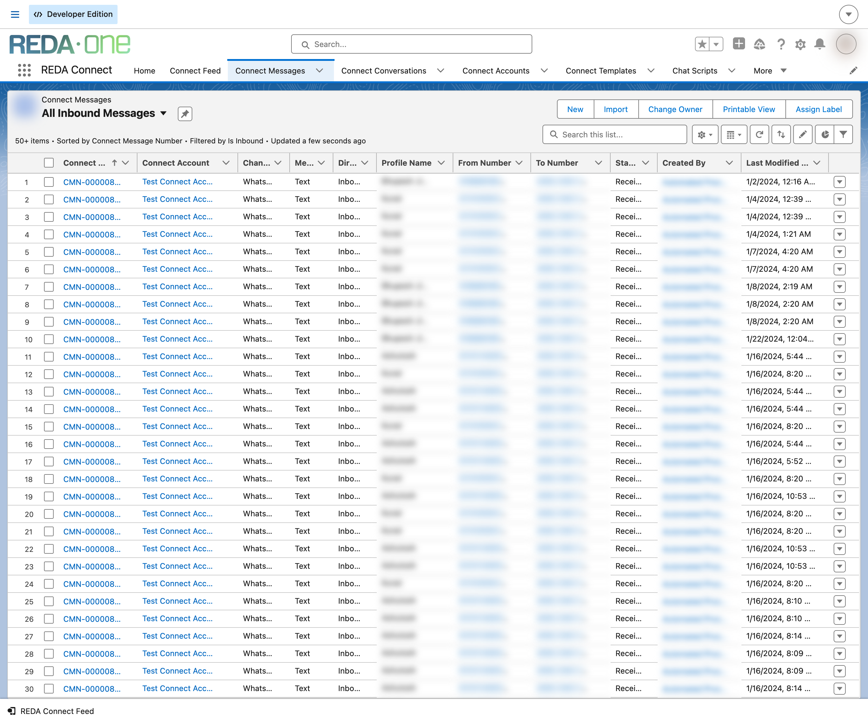 The Connect Messages tab with the All Inbound Messages list view selected, filtered to inbound traffic and sorted by Connect Message Number, showing each message's Connect Account, channel, message type, direction and status, with sender and recipient numbers and profile names blurred for publication.