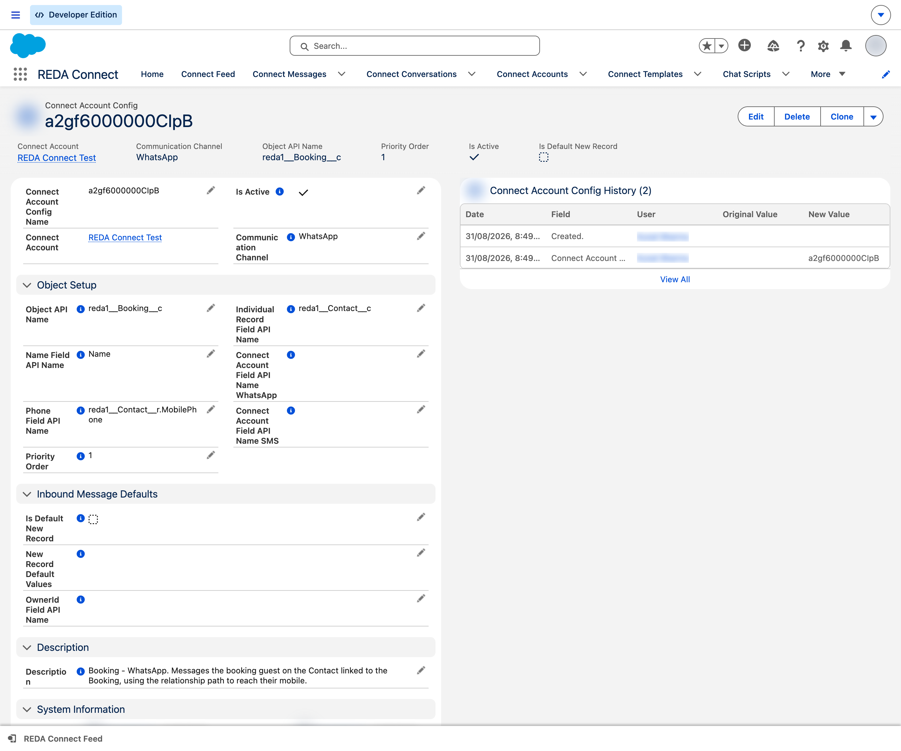 Un registro guardado de Connect Account Config para Booking muestra Object API Name reda1__Booking__c, Name Field API Name, Phone Field API Name con la ruta de relación reda1__Contact__r.MobilePhone, Individual Record Field, Priority Order 1, Communication Channel WhatsApp e Is Active marcado.
