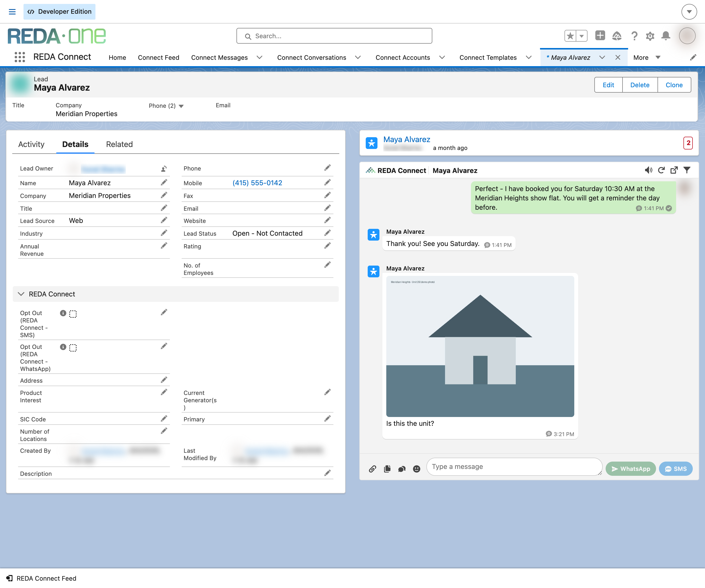 A Lead record page for Maya Alvarez of Meridian Properties with the REDA Connect Feed alongside it, showing an outbound message with its delivered status tick, the customer's reply beneath it, and a received image with a caption - the same feed component that appears on Contact record pages.