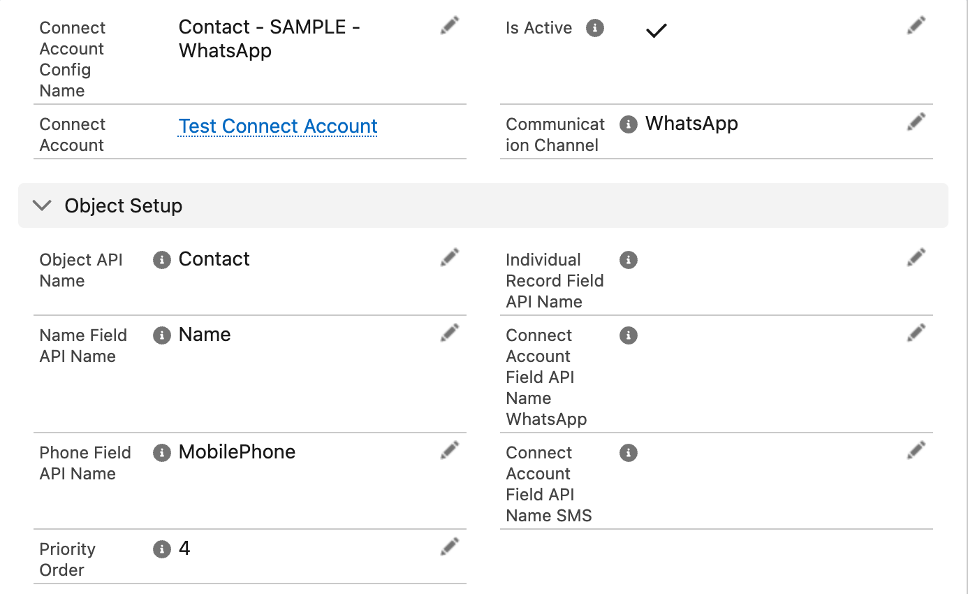 A saved Connect Account Config record for Contact on WhatsApp with Name Field API Name Name, Channel Identity Field MobilePhone and a Priority Order value